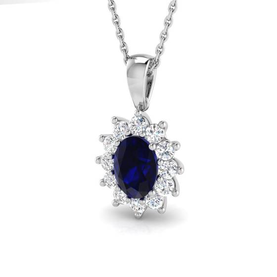 0.96ct SI2/G Oval cut Blue Sapphire Gemstone Pendant in 18k White Gold