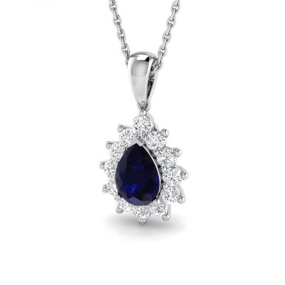 1.46ct SI2/G Pear cut Blue Sapphire Gemstone Pendant in 18k White Gold