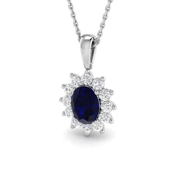 1.56ct SI2/G Oval cut Blue Sapphire Gemstone Pendant in 18k White Gold