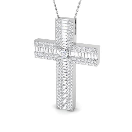 2.91ct SI2/G Baguette cut Natural Diamonds Cross Pendant in 9k White Gold
