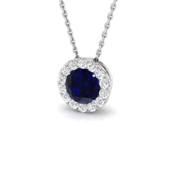 1.09ct SI2/G Round cut Blue Sapphire Gemstone Pendant in 18k White Gold