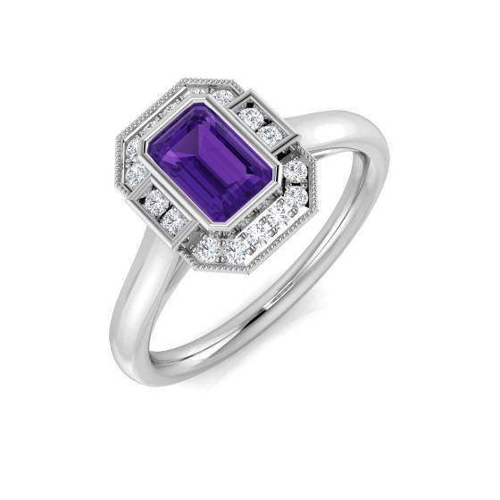 0.74ct I1/G Emerald cut Amethyist Gemstone Ring in 9k White Gold