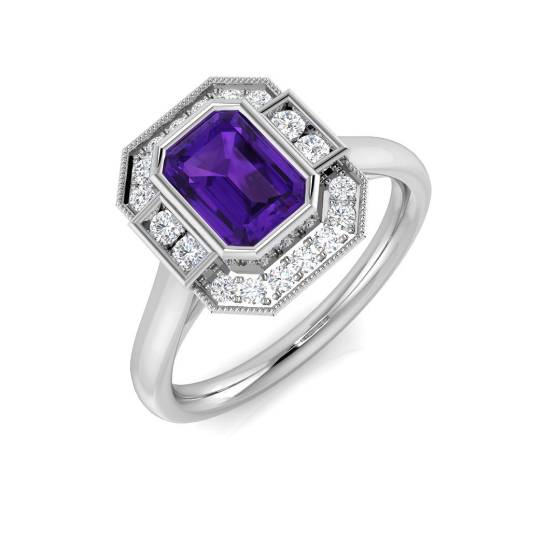 0.99ct I1/G Emerald cut Amethyist Gemstone Ring in 9k White Gold