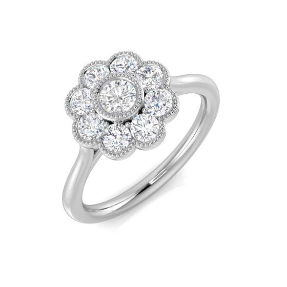 0.77ct I1/G Round cut Cluster Natural Diamond Ring in 9k White Gold