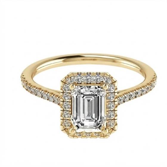 2.42ct VVS2/D Lab Grown Emerald Diamond Halo Shoulder Set Ring in 18k Yellow Gold