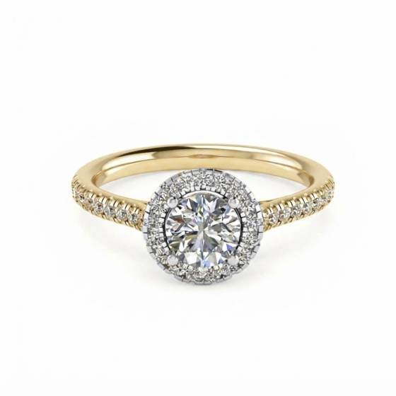 1.37ct VVS2/E Lab Grown Round Diamond Halo Shoulder Set Ring in 18k Yellow/White Gold