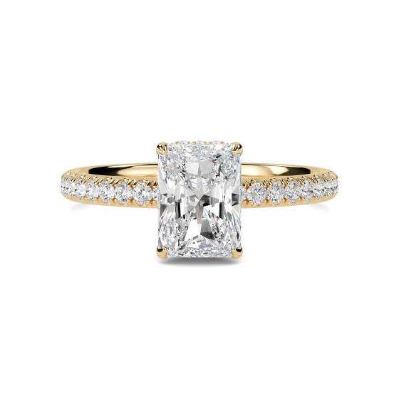 0.85ct VS1/F Lab Grown Radiant Diamond Hidden Halo Shoulder Set Ring in 18k Yellow Gold