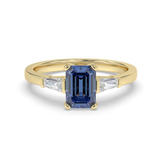 Emerald Blue Sapphire and Baguette Diamond Trilogy Ring
