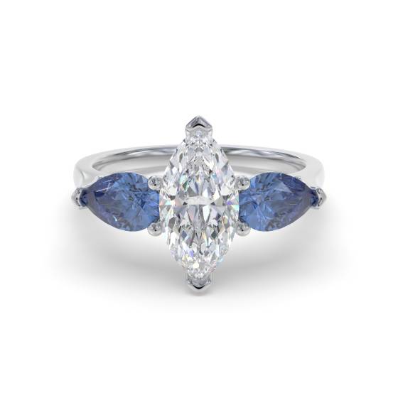 Marquise Diamond and Blue Sapphire Trilogy Ring