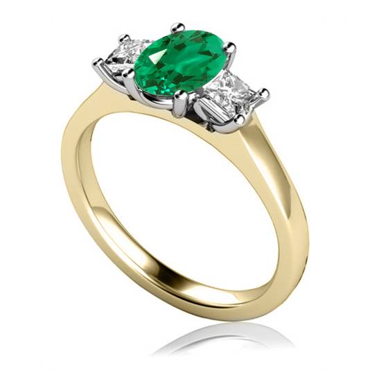 Oval Cut Emerald Gemstone and Diamond Trilogy Ring