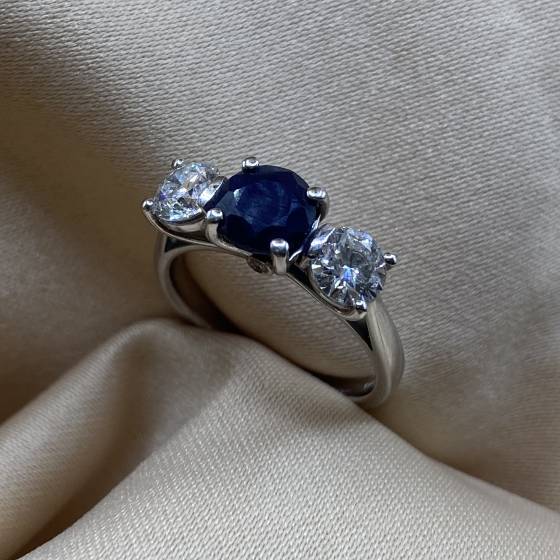 2.10ct SI/G Round Cut Blue Sapphire Gemstone Hidden Stone Trilogy Ring