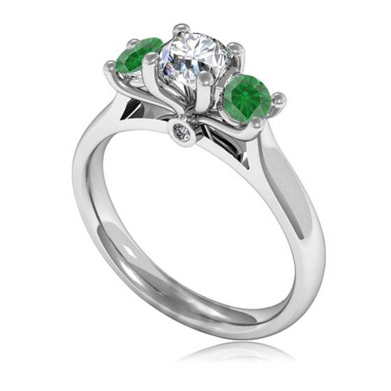 3 Stone Emerald Diamond Ring With Shoulder Diamonds