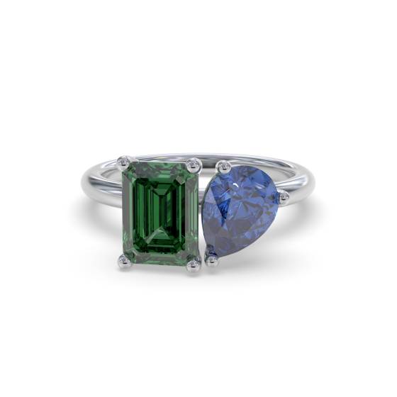 Blue Sapphire and Green Emerald Two Stone Ring