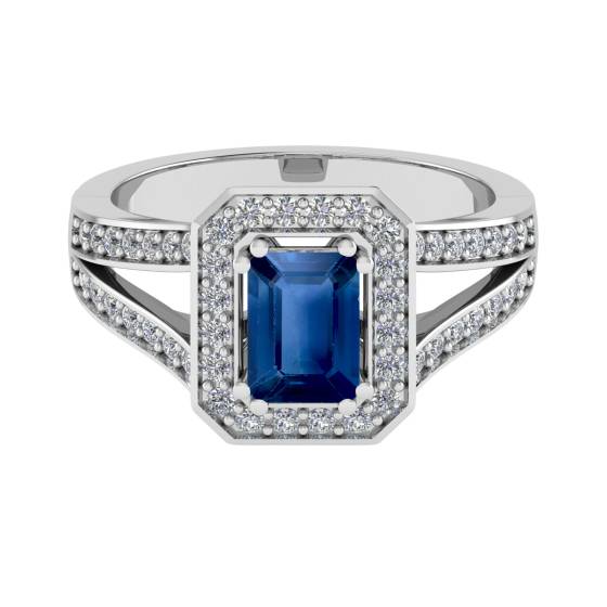 Blue Sapphire and Diamond Halo Shoulder Set Ring