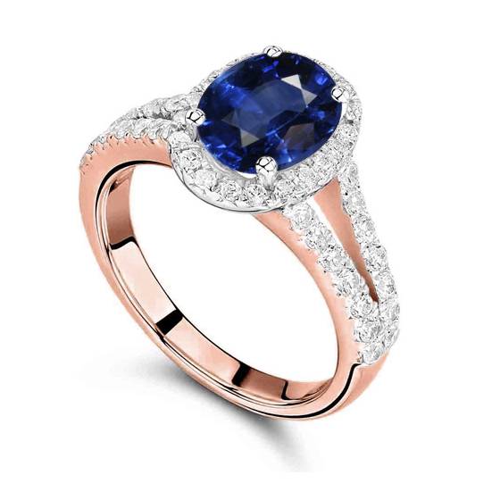 Single Halo Oval Diamond Split Shoulder Set Ring