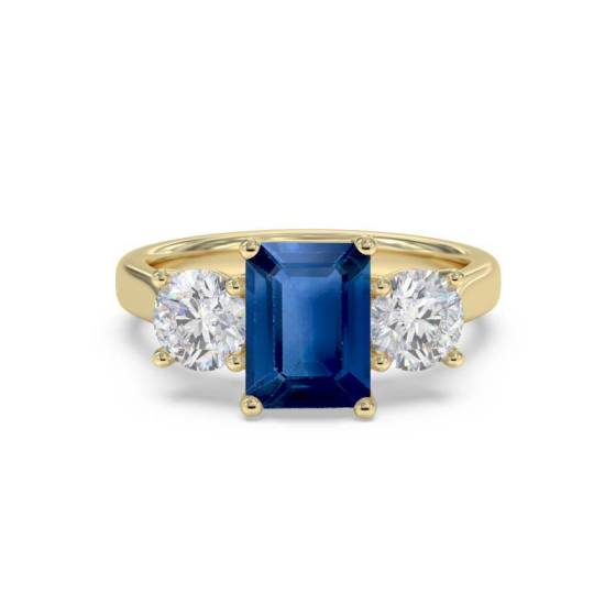 2.00ct VS/E-F Emerald cut Blue Sapphire Gemstone Trilogy Ring