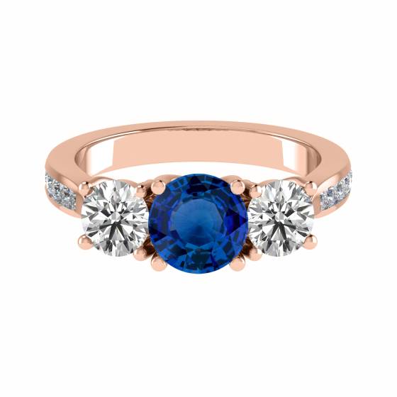 3 Stone Blue Sapphire Diamond Ring With Shoulder Diamonds