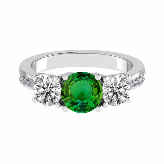3 Stone Emerald Diamond Ring With Shoulder Diamonds