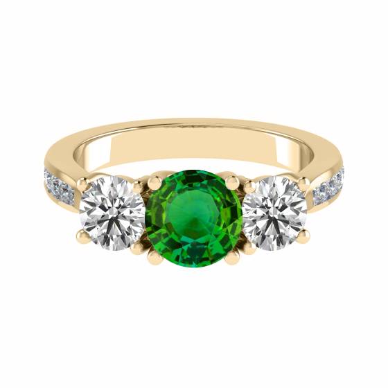 3 Stone Emerald Diamond Ring With Shoulder Diamonds