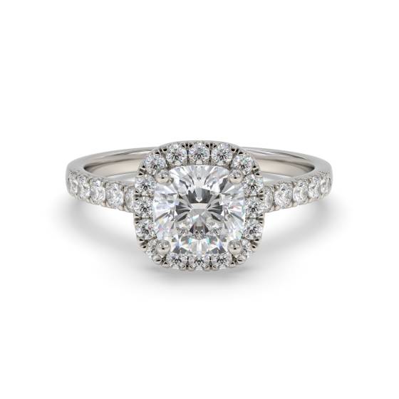 1.71ct VVS2/D Lab Grown Cushion Diamond Halo Shoulder Set Ring in Platinum