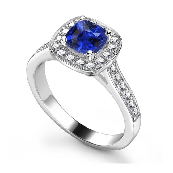 Blue Sapphire and Diamond Single Halo Shoulder Set Ring