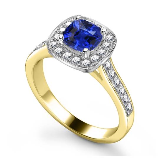 Blue Sapphire and Diamond Single Halo Shoulder Set Ring