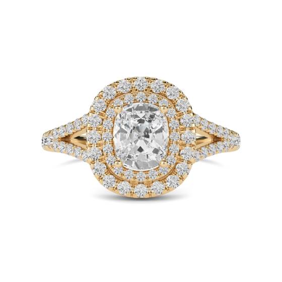 1.76ct VVS2/D Lab Grown Cushion Diamond Double Halo Shoulder Set Ring in 18k Yellow Gold