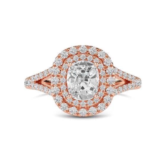 1.72ct VVS2/E Lab Grown Cushion Diamond Double Halo Shoulder Set Ring in 18k Rose Gold