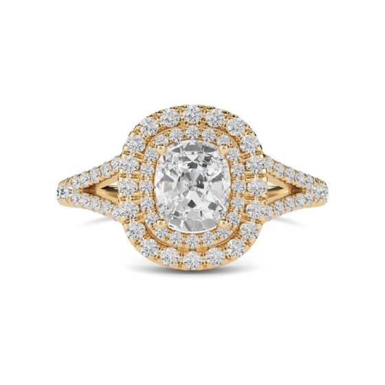1.75ct VVS2/D Lab Grown Cushion Diamond Double Halo Shoulder Set Ring in 18k Yellow Gold