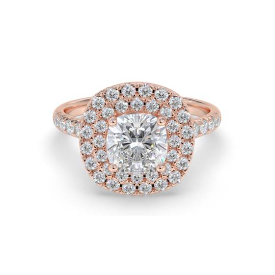 2.05ct VVS2/D Lab Grown Cushion Diamond Double Halo Shoulder Set Ring in 18k Rose Gold