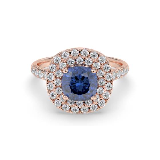 Cushion Blue Sapphire and Diamond Double Halo Shoulder Set Ring