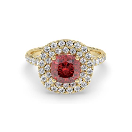 Cushion Ruby and Diamond Double Halo Shoulder Set Ring