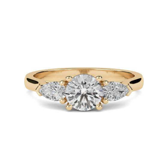 2.2ct VS1/E Lab Grown Round and Pear Diamond Trilogy Ring in 18k Yellow Gold