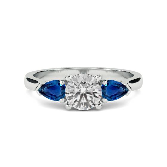0.65ct SI2/G Round cut Natural Diamonds and Pear Blue Sapphire Gemstone Trilogy Ring