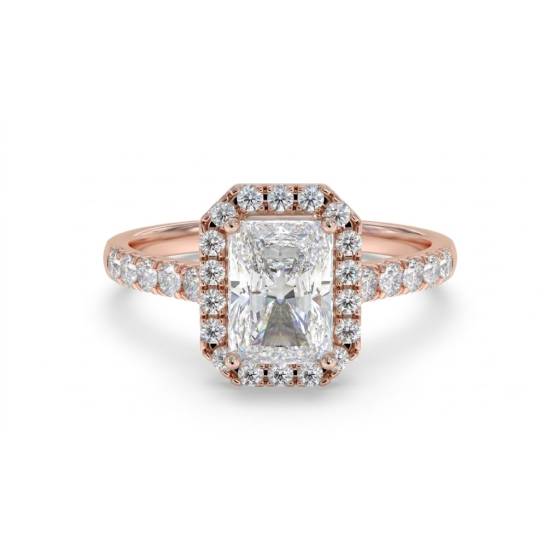 1.98ct VVS2/E Lab Grown Radiant Diamond Halo Shoulder Set Ring in 18k Rose Gold