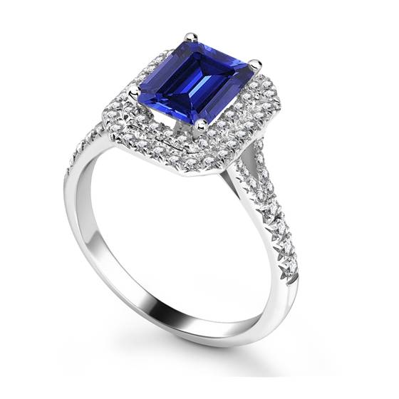 Blue Sapphire and Diamond Double Halo Shoulder Set Ring