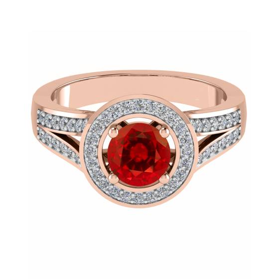 Round Ruby and Diamond Halo Shoulder Set Ring