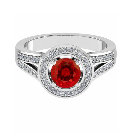 Round Ruby and Diamond Halo Shoulder Set Ring