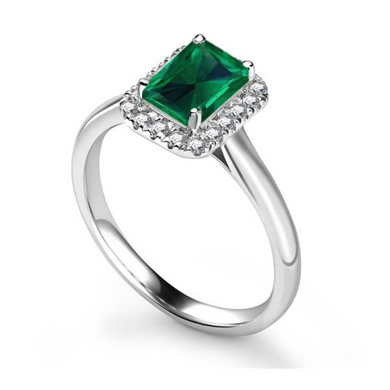 Green Emerald Radiant Shaped Diamond Single Halo Shoulder Set Ring