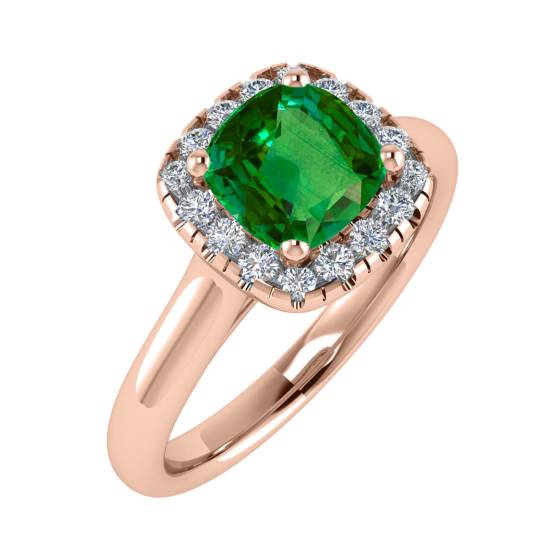 Green Emerald Cushion Shaped Diamond Single Halo Shoulder Set Ring