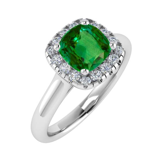 Green Emerald Cushion Shaped Diamond Single Halo Shoulder Set Ring
