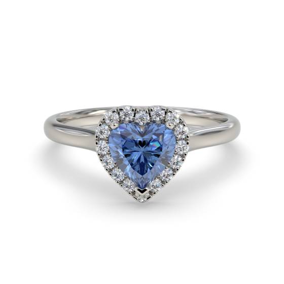 Blue Sapphire Heart Shaped Diamond Single Halo Shoulder Set Ring