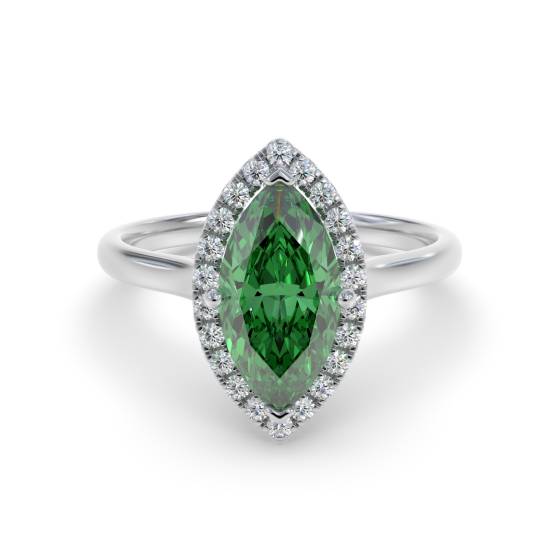 Green Emerald Marquise Shaped Diamond Single Halo Shoulder Set Ring