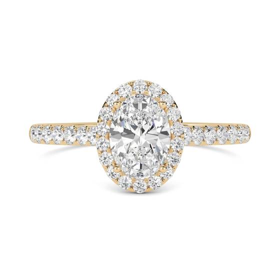 2.43ct VVS2/E Lab Grown Oval Diamond Halo Shoulder Set Ring in 18k Yellow Gold