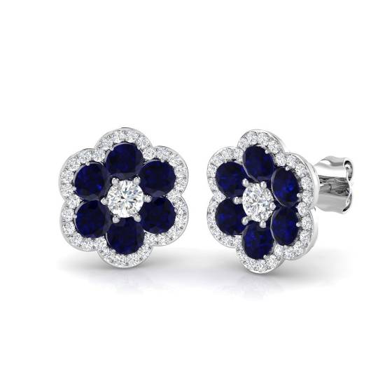 1.97ct VS/E-F Round cut Blue Sapphire Gemstone Cluster Earrings