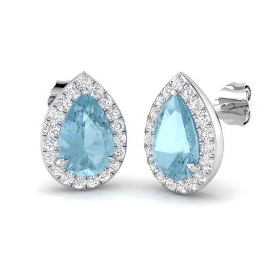 2.49ct VS/E-F Pear cut Aquamarine Gemstone Halo Earrings