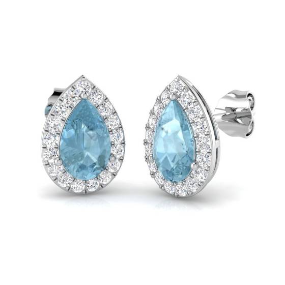 1.76ct VS/E-F Pear cut Aquamarine Gemstone Halo Earrings