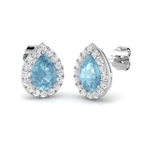 1.46ct VS/F Pear cut Aquamarine Gemstone Halo Earrings