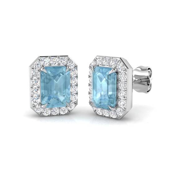 2.04ct VS/E-F Emerald cut Aquamarine Gemstone Cluster Earrings