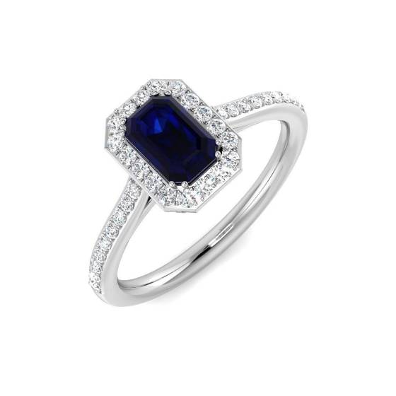 1.00ct VS/F-G Emerald Cut Blue Sapphire Gemstone Halo Shoulder Set Ring